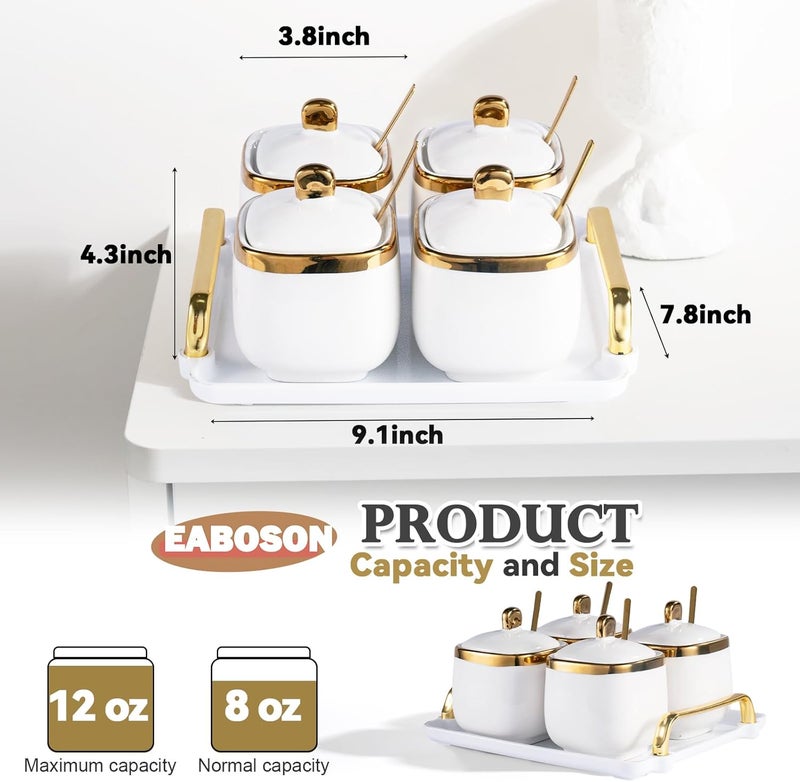 EABOSON 4 Pack Gold Condiment Spice Jars with Lids, Spoons, Tray - Ceramic Seasoning Box Set for Salt, Pepper, Sugar - Kitchen Storage - Image 2